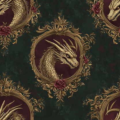 dragon, medieval, ornate frames, burgundy, forest green, gold, baroque scrollwork, fantasy creatures, decorative borders, quilting cotton, fabric panel, mythical beasts, vintage style, rich colors, scaled texture, gothic elements, floral accents, circular medallions, luxurious pattern, dark romantic