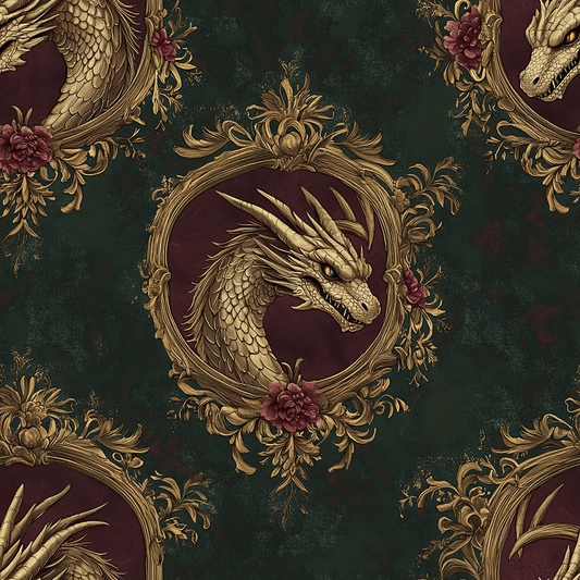 Artistic pattern of gold dragon heads framed with floral designs on a dark green background.