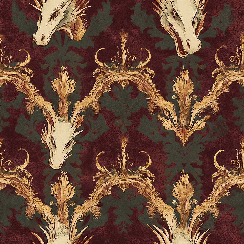 dragon heads, burgundy background, sage green, gold accents, cream colored, baroque pattern, ornate scrollwork, mythical creatures, fantasy theme, damask design, quilting cotton, fabric panel, decorative motifs, regal pattern, medieval style, reptilian features, flowing ornaments, rich colors, repeating pattern, textile design