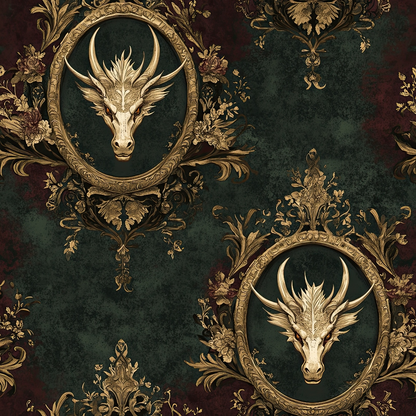 deep green, burgundy, gold, ornate frames, dragon heads, antlers, baroque style, floral motifs, gothic atmosphere, quilting cotton, fabric panel, mythical creatures, decorative scrollwork, vintage ornaments, dark fantasy, regal design, intricate details, damask pattern, luxurious texture