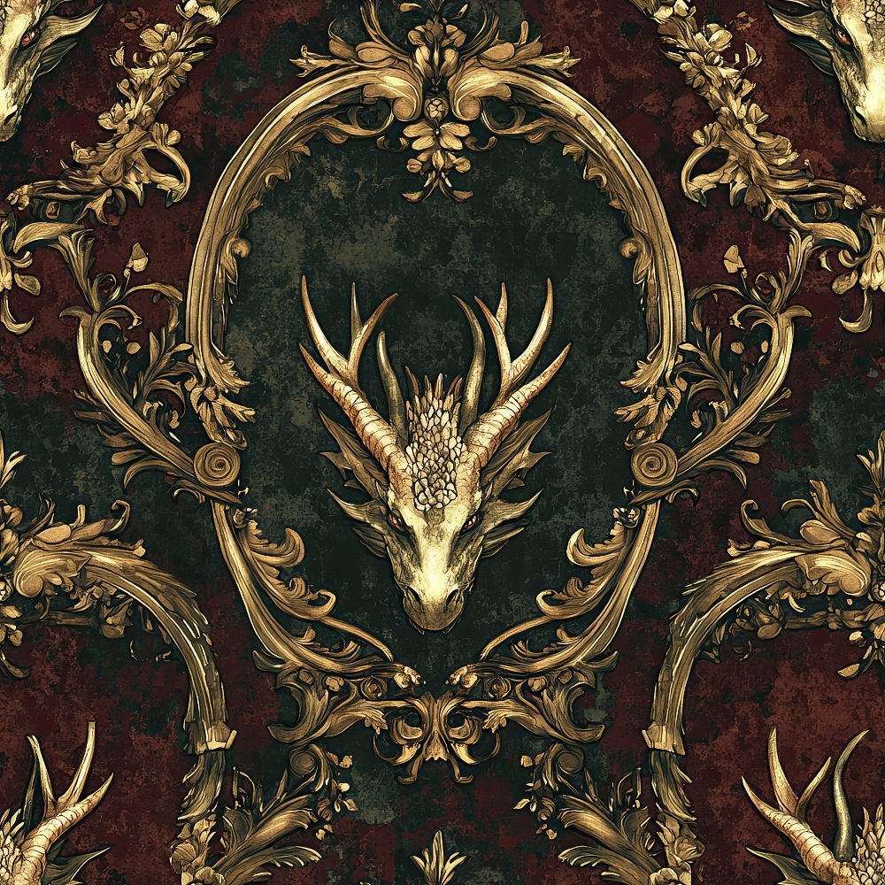 dragon head, antlers, ornate frame, baroque scrollwork, deep emerald, rich burgundy, golden accents, vintage damask, gothic fantasy, medieval heraldry, quilting cotton, fabric panel, ornamental border, mythical creature, dark romantic, decorative flourishes, regal pattern, fantasy motif