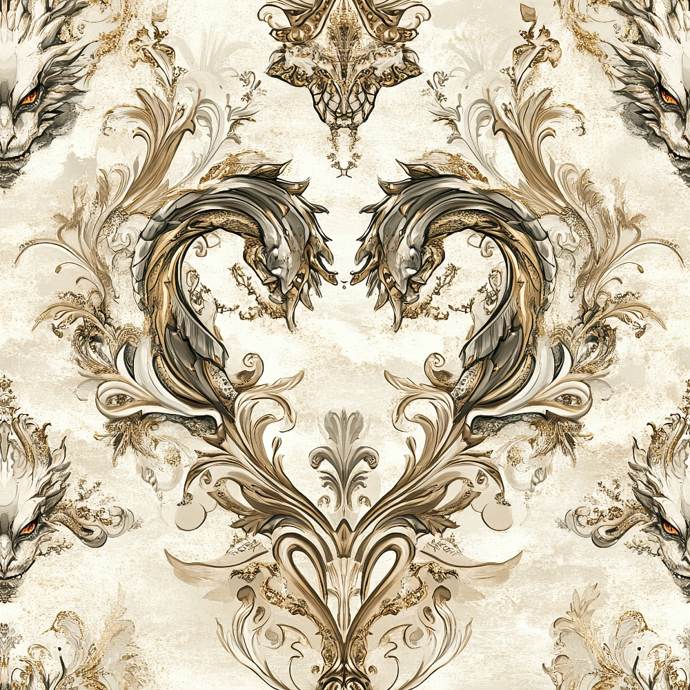 cream, beige, brown, gold, dragon motifs, baroque scrollwork, ornate flourishes, symmetrical pattern, fantasy creatures, regal design, decorative swirls, vintage ornamental, mythical beasts, elaborate detailing, quilting cotton, fabric panel, sophisticated palette, royal theme, intricate artwork, damask style