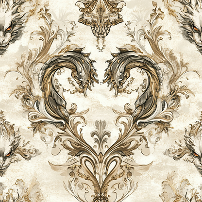 cream, beige, brown, gold, dragon motifs, baroque scrollwork, ornate flourishes, symmetrical pattern, fantasy creatures, regal design, decorative swirls, vintage ornamental, mythical beasts, elaborate detailing, quilting cotton, fabric panel, sophisticated palette, royal theme, intricate artwork, damask style