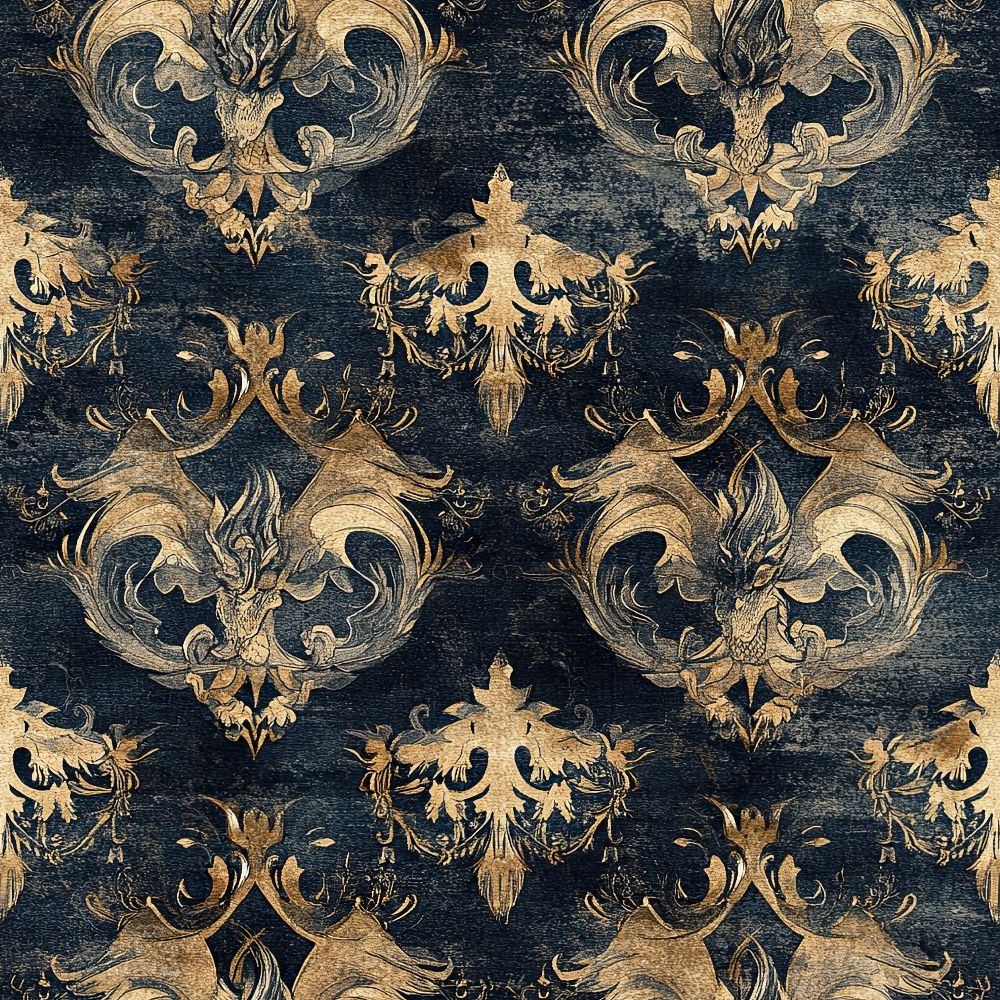 navy blue, gold, dragons, mythical creatures, ornate scrollwork, baroque pattern, regal motifs, vintage texture, distressed finish, quilting cotton, fabric panel, decorative flourishes, heraldic design, antique style, royal blue, bronze accents, fantasy creatures, repeating pattern, luxurious appearance, aged patina