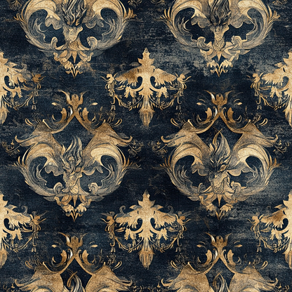 navy blue, gold, dragons, mythical creatures, ornate scrollwork, baroque pattern, regal motifs, vintage texture, distressed finish, quilting cotton, fabric panel, decorative flourishes, heraldic design, antique style, royal blue, bronze accents, fantasy creatures, repeating pattern, luxurious appearance, aged patina