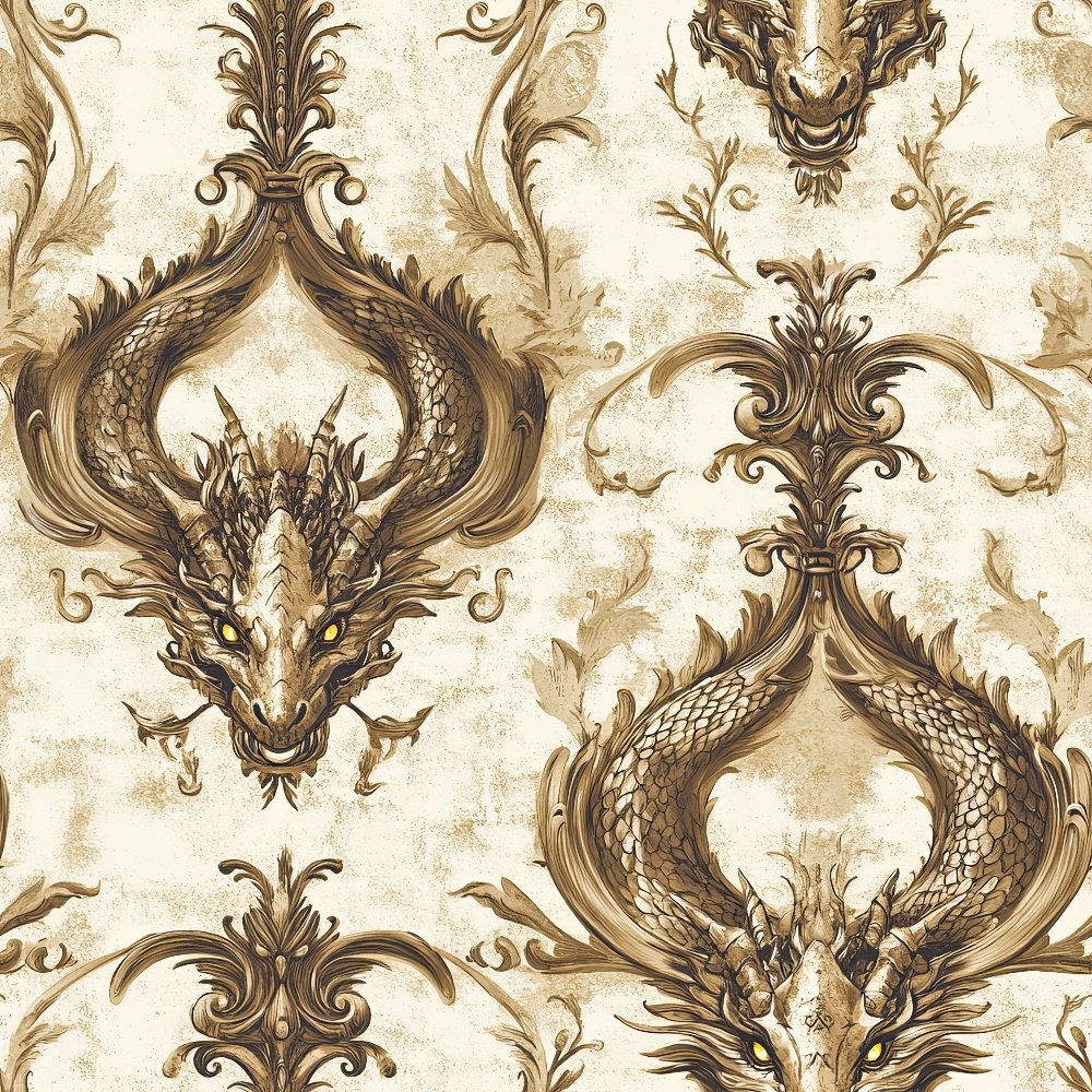 beige, cream, brown, sepia tones, dragons, ornate scrollwork, baroque pattern, damask design, mythical creatures, decorative flourishes, vintage style, elegant motifs, serpentine forms, scaled texture, royal theme, quilting cotton, fabric panel, ornamental design, fantasy elements, antique finish