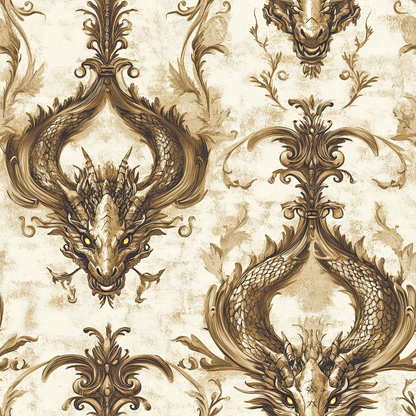 beige, cream, brown, sepia tones, dragons, ornate scrollwork, baroque pattern, damask design, mythical creatures, decorative flourishes, vintage style, elegant motifs, serpentine forms, scaled texture, royal theme, quilting cotton, fabric panel, ornamental design, fantasy elements, antique finish