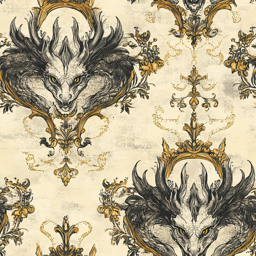 dragon heads, antlers, ornate frames, baroque pattern, cream background, gold accents, black ink style, fantasy creatures, decorative scrollwork, vintage damask, quilting cotton, fabric panel, gothic ornamental, mythical beasts, ornate borders, aged parchment, fleur-de-lis, royal motifs, repeating pattern, medieval inspired