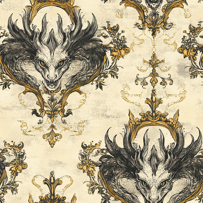 dragon heads, antlers, ornate frames, baroque pattern, cream background, gold accents, black ink style, fantasy creatures, decorative scrollwork, vintage damask, quilting cotton, fabric panel, gothic ornamental, mythical beasts, ornate borders, aged parchment, fleur-de-lis, royal motifs, repeating pattern, medieval inspired