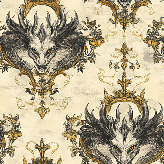 dragon heads, antlers, ornate frames, baroque pattern, cream background, gold accents, black ink style, fantasy creatures, decorative scrollwork, vintage damask, quilting cotton, fabric panel, gothic ornamental, mythical beasts, ornate borders, aged parchment, fleur-de-lis, royal motifs, repeating pattern, medieval inspired