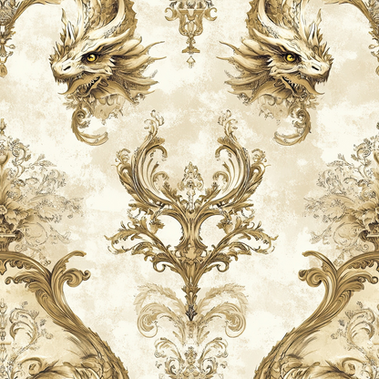 dragon heads, baroque ornaments, cream background, golden brown, sepia tones, ornate scrollwork, mythical creatures, vintage style, decorative flourishes, quilting cotton, fabric panel, symmetrical design, fantasy motif, elaborate details, antique finish, rococo elements, damask pattern, regal aesthetic