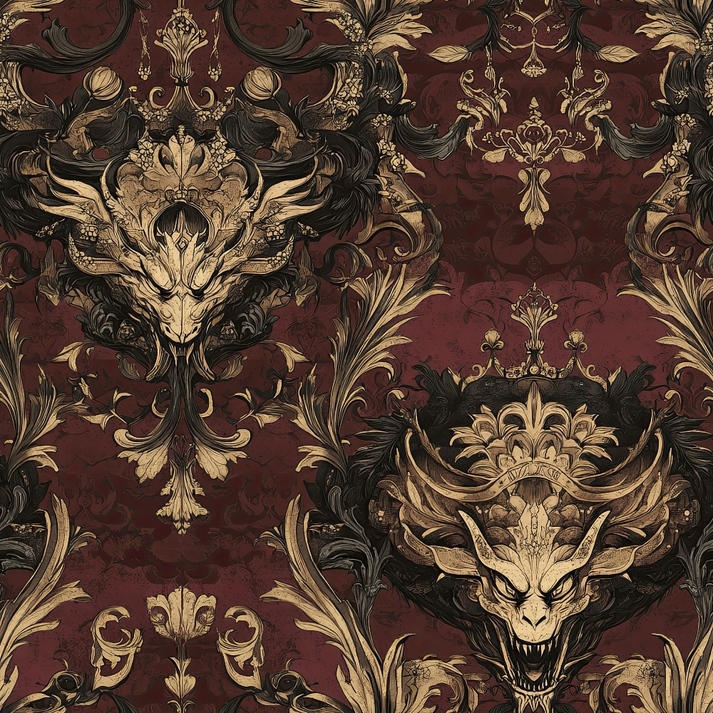 burgundy, maroon, gold, cream, black, damask pattern, dragon motifs, ornate scrollwork, baroque style, gothic design, mythical creatures, decorative flourishes, vintage wallpaper style, regal atmosphere, quilting cotton, fabric panel, ornamental design, luxurious pattern, medieval inspired, dark fantasy