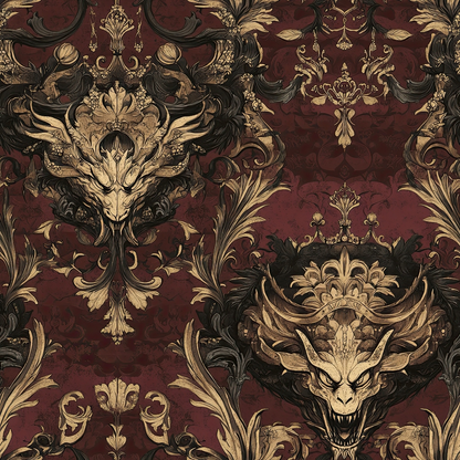 burgundy, maroon, gold, cream, black, damask pattern, dragon motifs, ornate scrollwork, baroque style, gothic design, mythical creatures, decorative flourishes, vintage wallpaper style, regal atmosphere, quilting cotton, fabric panel, ornamental design, luxurious pattern, medieval inspired, dark fantasy