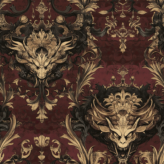 burgundy, maroon, gold, cream, black, damask pattern, dragon motifs, ornate scrollwork, baroque style, gothic design, mythical creatures, decorative flourishes, vintage wallpaper style, regal atmosphere, quilting cotton, fabric panel, ornamental design, luxurious pattern, medieval inspired, dark fantasy