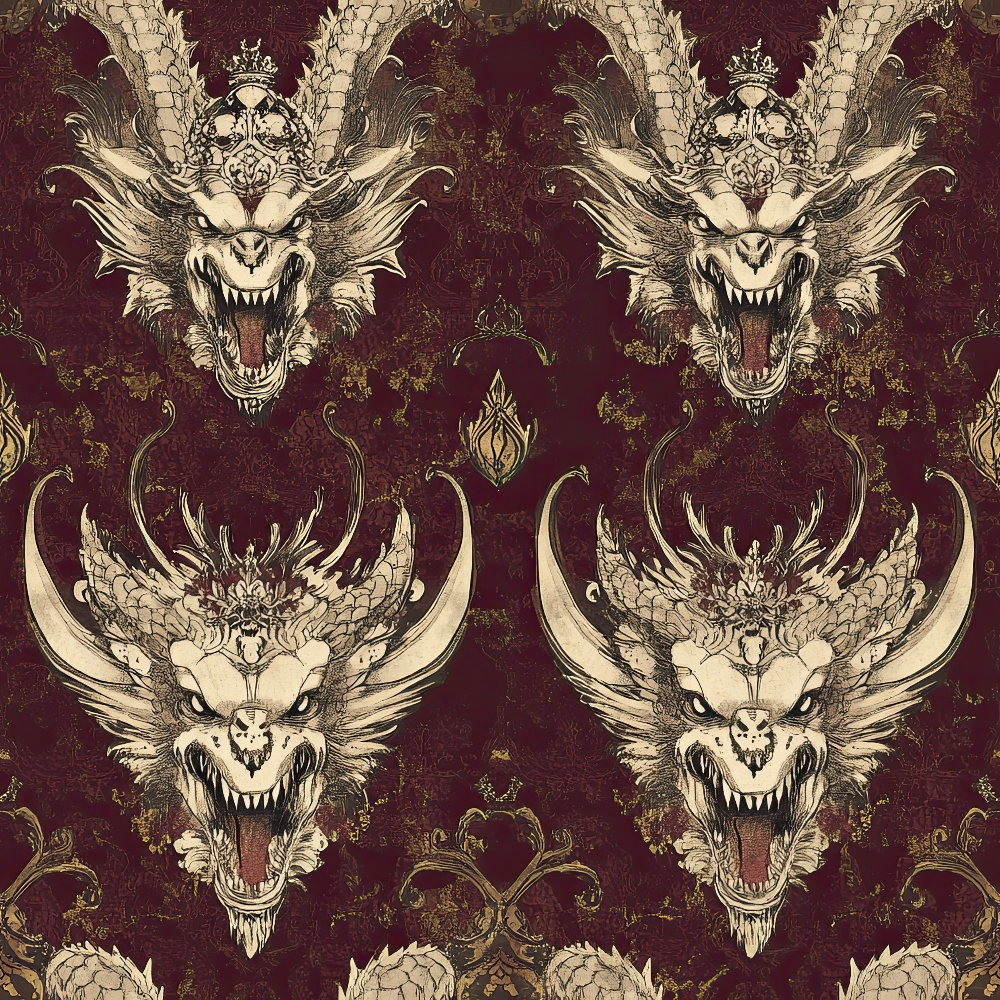 burgundy, maroon, cream, beige, dragons, mythical creatures, ornate details, decorative scrollwork, fantasy art, gothic style, medieval inspired, fierce expressions, scaled texture, horned creatures, quilting cotton, fabric panel, dark fantasy, intricate linework, repeating pattern, vintage aesthetic