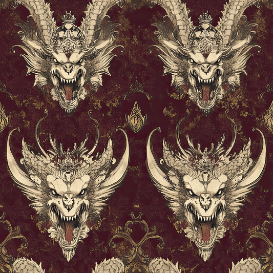 burgundy, maroon, cream, beige, dragons, mythical creatures, ornate details, decorative scrollwork, fantasy art, gothic style, medieval inspired, fierce expressions, scaled texture, horned creatures, quilting cotton, fabric panel, dark fantasy, intricate linework, repeating pattern, vintage aesthetic