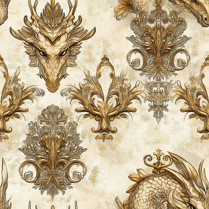 beige, cream, golden brown, dragon heads, ornate scrollwork, baroque motifs, decorative flourishes, medieval fantasy, vintage style, detailed lineart, mythical creatures, royal pattern, quilting cotton, fabric panel, antique finish, elaborate design, fantasy theme, ornamental elements, textured background