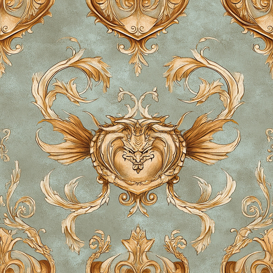 sage green, golden brown, baroque ornament, rococo scrollwork, winged heart, decorative flourishes, ornate pattern, quilting cotton, fabric panel, acanthus leaves, symmetrical design, elegant motifs, vintage style, intricate details, damask pattern, royal theme, decorative arts, swirling vines, ornamental wings, luxurious appearance