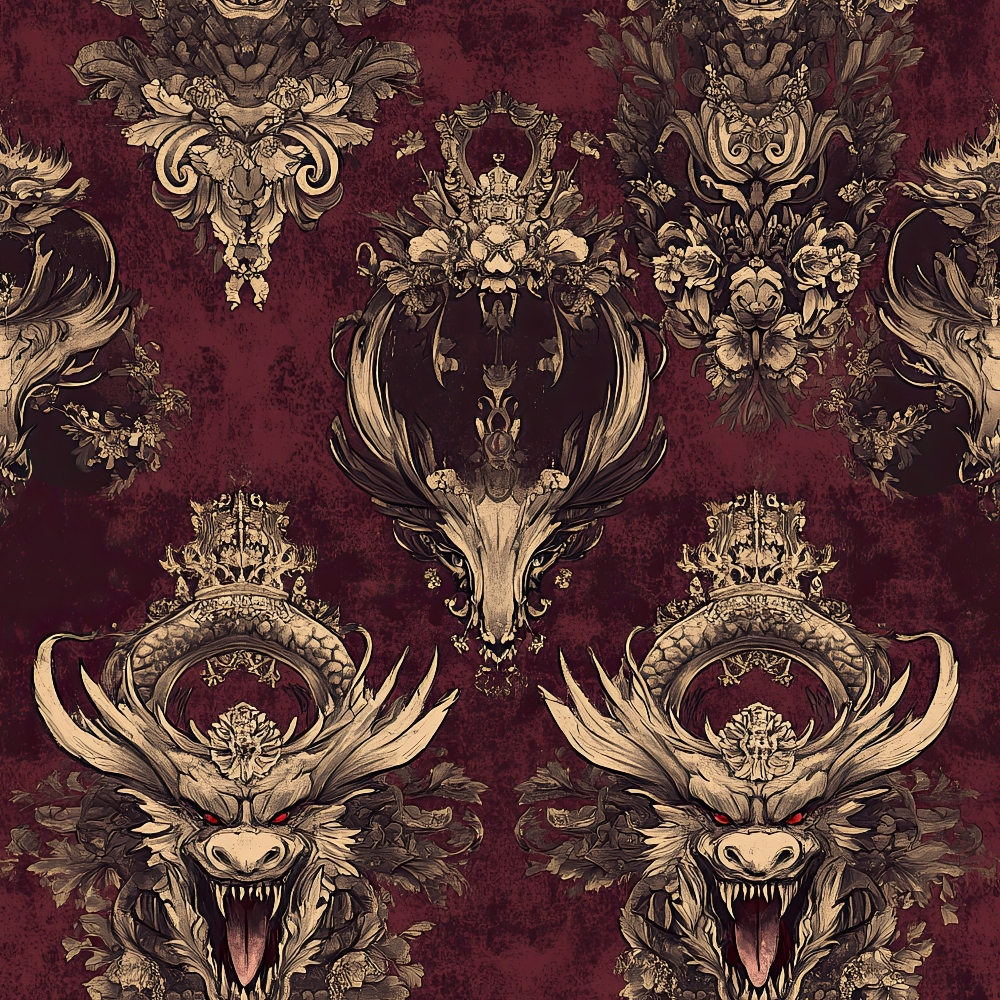 burgundy, maroon, gold, cream, dragons, mythical creatures, crowns, royal emblems, ornate scrollwork, baroque style, damask pattern, gothic aesthetic, fantasy motif, quilting cotton, fabric panel, regal design, decorative flourishes, vintage inspired, dark romantic, heraldic symbols