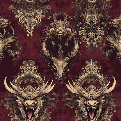 burgundy, maroon, gold, cream, dragons, mythical creatures, crowns, royal emblems, ornate scrollwork, baroque style, damask pattern, gothic aesthetic, fantasy motif, quilting cotton, fabric panel, regal design, decorative flourishes, vintage inspired, dark romantic, heraldic symbols
