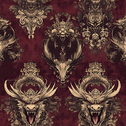 burgundy, maroon, gold, cream, dragons, mythical creatures, crowns, royal emblems, ornate scrollwork, baroque style, damask pattern, gothic aesthetic, fantasy motif, quilting cotton, fabric panel, regal design, decorative flourishes, vintage inspired, dark romantic, heraldic symbols