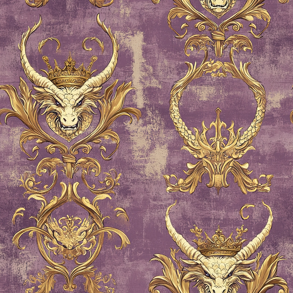 purple, gold, dragon heads, ornate scrollwork, baroque pattern, crowned dragons, fantasy creatures, luxurious design, quilting cotton, fabric panel, majestic, regal motif, decorative flourishes, vintage texture, mythical beasts, royal crowns, elaborate ornamentation, damask style
