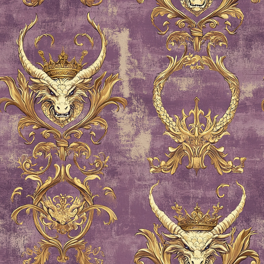 purple, gold, dragon heads, ornate scrollwork, baroque pattern, crowned dragons, fantasy creatures, luxurious design, quilting cotton, fabric panel, majestic, regal motif, decorative flourishes, vintage texture, mythical beasts, royal crowns, elaborate ornamentation, damask style