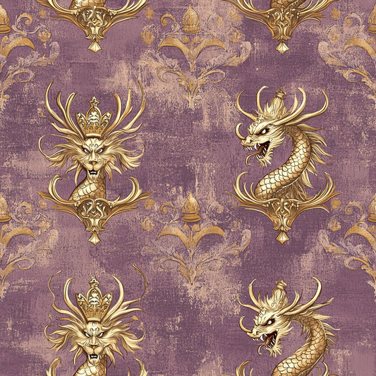 purple background, gold accents, dragons, lions, crowns, royal motifs, ornate patterns, damask design, mythical creatures, regal theme, vintage texture, decorative scrollwork, majestic animals, fantasy elements, quilting cotton, fabric panel, luxurious feel, baroque style, medieval inspired, serpentine dragons