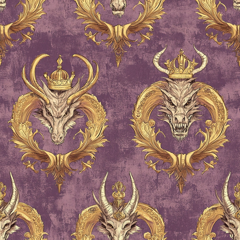 purple background, gold accents, dragon heads, ornate crowns, baroque flourishes, royal motif, fantasy creatures, horned dragons, decorative scrollwork, quilting cotton, fabric panel, regal pattern, mythical beasts, vintage texture, ornamental design, majestic theme, reptilian features, crown jewels, gothic elements