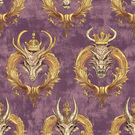 purple background, gold accents, dragon heads, ornate crowns, baroque flourishes, royal motif, fantasy creatures, horned dragons, decorative scrollwork, quilting cotton, fabric panel, regal pattern, mythical beasts, vintage texture, ornamental design, majestic theme, reptilian features, crown jewels, gothic elements
