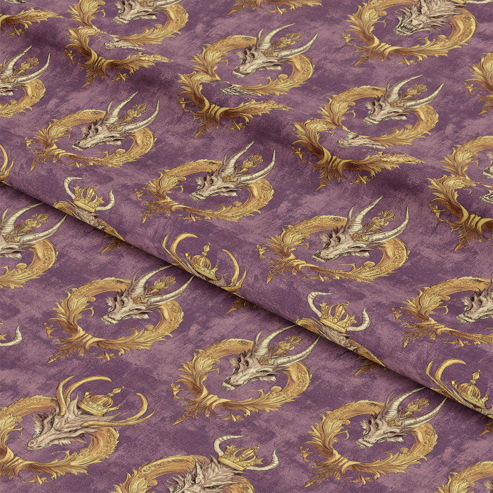 Patterned fabric with a purple background features repeating, ornate golden illustrations of dragons encircled by decorative frames.