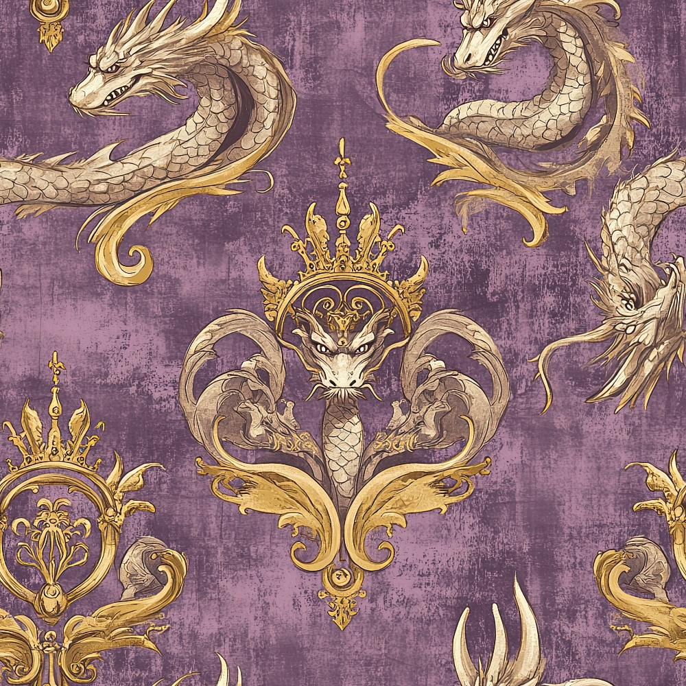 purple background, golden dragons, ornate crowns, baroque pattern, regal motifs, quilting cotton, fabric panel, mythical creatures, decorative scrollwork, vintage texture, majestic design, royal purple, antique gold, serpentine dragons, heraldic style, fantasy theme, ornamental details, scales texture, flowing ribbons, medieval inspired