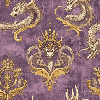 purple background, golden dragons, ornate crowns, baroque pattern, regal motifs, quilting cotton, fabric panel, mythical creatures, decorative scrollwork, vintage texture, majestic design, royal purple, antique gold, serpentine dragons, heraldic style, fantasy theme, ornamental details, scales texture, flowing ribbons, medieval inspired