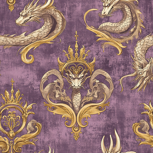 purple background, golden dragons, ornate crowns, baroque pattern, regal motifs, quilting cotton, fabric panel, mythical creatures, decorative scrollwork, vintage texture, majestic design, royal purple, antique gold, serpentine dragons, heraldic style, fantasy theme, ornamental details, scales texture, flowing ribbons, medieval inspired