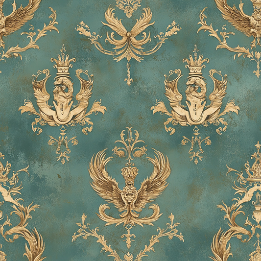 sage green, gold, teal, ornate patterns, baroque style, decorative motifs, crowns, winged creatures, mythical beasts, dragons, heraldic designs, royal emblems, vintage style, elegant, luxurious, quilting cotton, fabric panel, renaissance inspired, regal motifs, antique finish