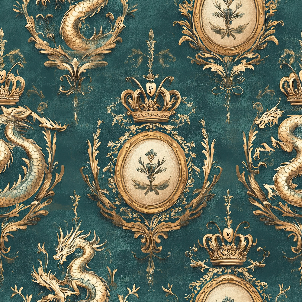 teal background, gold accents, dragons, crowns, royal medallions, ornate frames, baroque style, regal pattern, quilting cotton, fabric panel, mythical creatures, decorative scrollwork, vintage inspired, elegant motifs, repetitive design, luxurious feel, fantasy theme, heraldic elements, ornamental borders