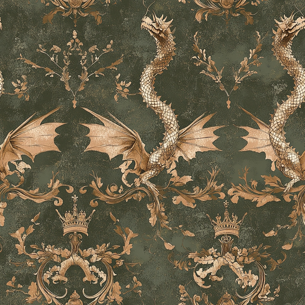 sage green, bronze, copper, dragons, winged creatures, crowns, royal motifs, ornate scrollwork, baroque pattern, medieval fantasy, heraldic design, mythical beasts, decorative flourishes, vintage damask, quilting cotton, fabric panel, fantasy theme, regal elements, distressed texture, ornamental design