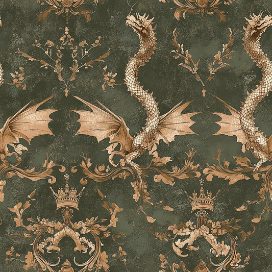 sage green, bronze, copper, dragons, winged creatures, crowns, royal motifs, ornate scrollwork, baroque pattern, medieval fantasy, heraldic design, mythical beasts, decorative flourishes, vintage damask, quilting cotton, fabric panel, fantasy theme, regal elements, distressed texture, ornamental design
