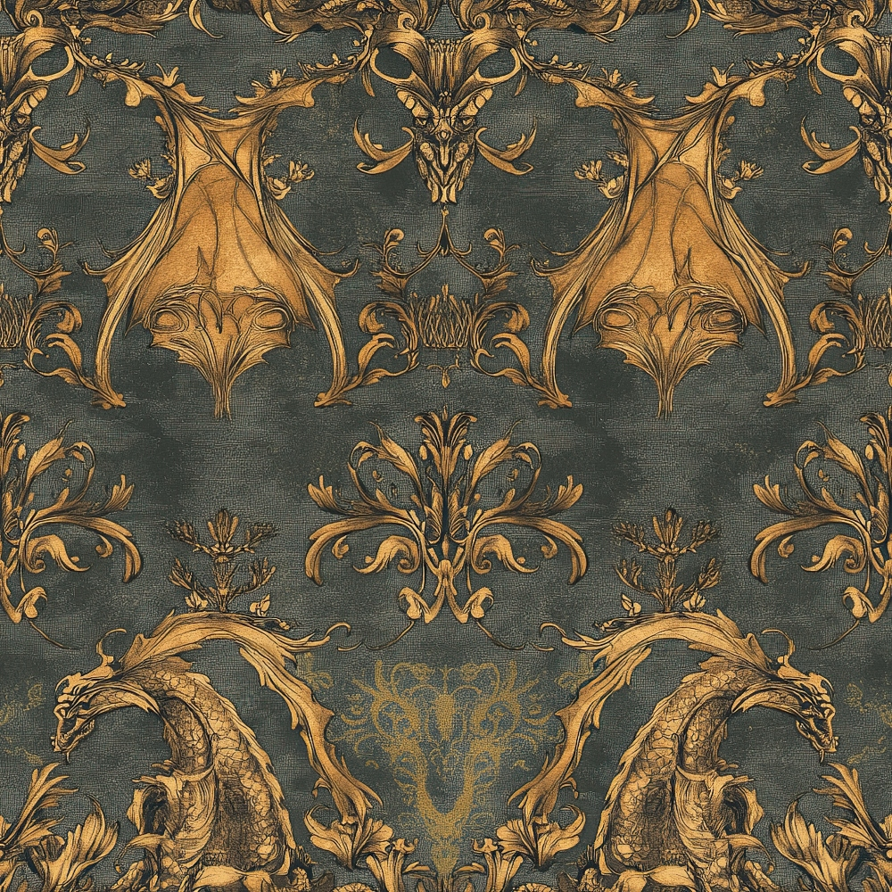 charcoal gray, golden brown, ornate damask, baroque pattern, dragon motifs, mythical creatures, scrollwork, acanthus leaves, symmetrical design, regal style, decorative flourishes, quilting cotton, fabric panel, luxurious texture, vintage inspired, heraldic elements, gothic aesthetic, rich contrast, ornamental design, repeating motif