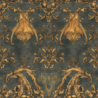 charcoal gray, golden brown, ornate damask, baroque pattern, dragon motifs, mythical creatures, scrollwork, acanthus leaves, symmetrical design, regal style, decorative flourishes, quilting cotton, fabric panel, luxurious texture, vintage inspired, heraldic elements, gothic aesthetic, rich contrast, ornamental design, repeating motif