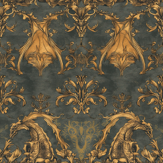 charcoal gray, golden brown, ornate damask, baroque pattern, dragon motifs, mythical creatures, scrollwork, acanthus leaves, symmetrical design, regal style, decorative flourishes, quilting cotton, fabric panel, luxurious texture, vintage inspired, heraldic elements, gothic aesthetic, rich contrast, ornamental design, repeating motif