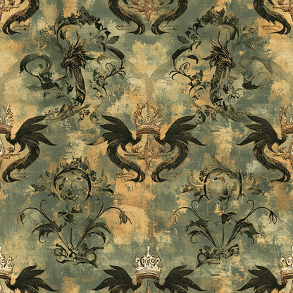 sage green, golden yellow, aged patina, dragons, crowns, royal motifs, ornate scrollwork, vintage damask, mythical creatures, regal pattern, quilting cotton, fabric panel, distressed texture, heraldic design, fantasy theme, serpentine dragons, decorative flourishes, antique finish, medieval inspired