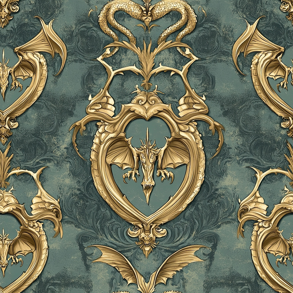 sage green, antique gold, dragons, baroque ornaments, medieval fantasy, gothic style, ornate frames, mythical creatures, winged beasts, decorative scrollwork, vintage damask, heraldic design, regal pattern, quilting cotton, fabric panel, luxurious motifs, fantasy theme, ornamental border, elaborate details, royal crest