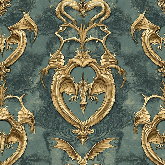 sage green, antique gold, dragons, baroque ornaments, medieval fantasy, gothic style, ornate frames, mythical creatures, winged beasts, decorative scrollwork, vintage damask, heraldic design, regal pattern, quilting cotton, fabric panel, luxurious motifs, fantasy theme, ornamental border, elaborate details, royal crest