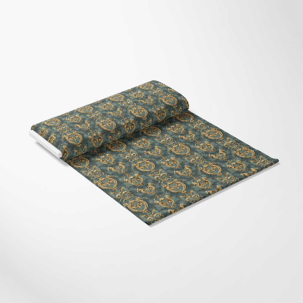 A textured wallpaper roll partially unfurled, displaying a repeated gold floral pattern on a green background.