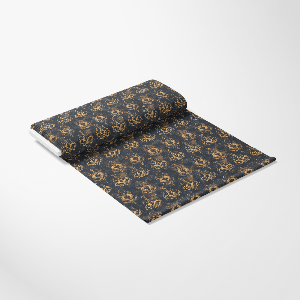 A roll of dark wallpaper with a repeating intricate gold pattern, partially unrolled on a plain white background.