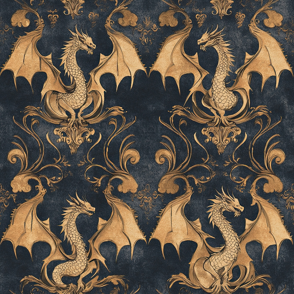 navy blue, golden brown, dragons, winged creatures, ornate scrollwork, baroque flourishes, symmetrical pattern, mythical beasts, decorative motifs, quilting cotton, fabric panel, regal design, fantasy theme, intricate details, vintage style, damask pattern, heraldic elements, luxurious appearance, repeating motif