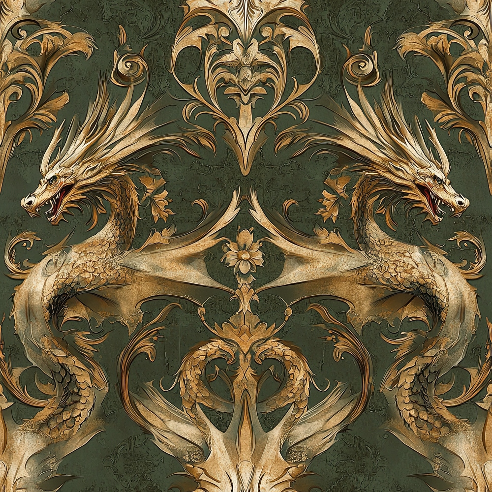 dragons, emerald green, gold, bronze, ornate scrollwork, baroque pattern, mythical creatures, serpentine, scales, flowing manes, decorative flourishes, symmetrical design, regal motifs, fantasy theme, quilting cotton, fabric panel, intricate detailing, medieval inspired, luxurious feel