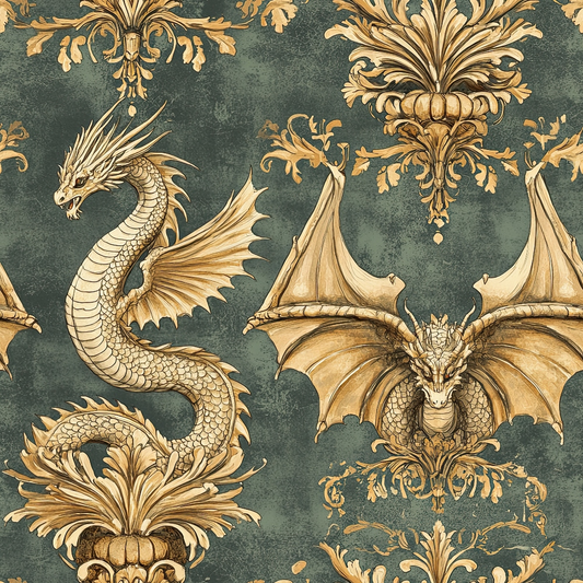 dark green, golden yellow, dragons, ornate scrollwork, baroque flourishes, vintage wallpaper style, mythical creatures, decorative damask, quilting cotton, fabric panel, antique finish, heraldic design, renaissance motifs, winged dragons, scaled creatures, ornamental pattern, gothic elements, luxury fabric, medieval inspired