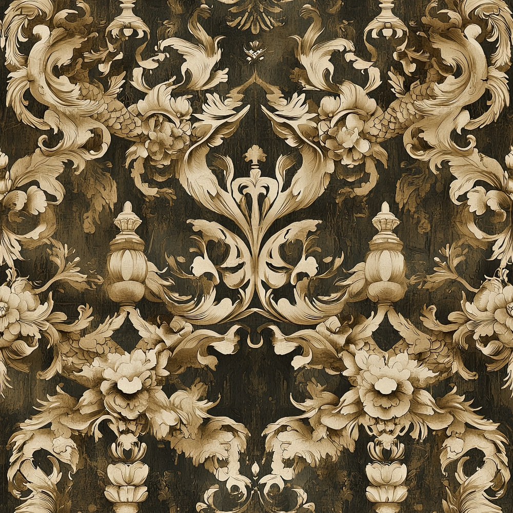 brown, beige, tan, cream, baroque pattern, ornate scrollwork, floral motifs, decorative urns, acanthus leaves, damask design, vintage style, elegant flourishes, symmetrical design, luxurious pattern, quilting cotton, fabric panel, ornamental details, swirling vines, decorative elements